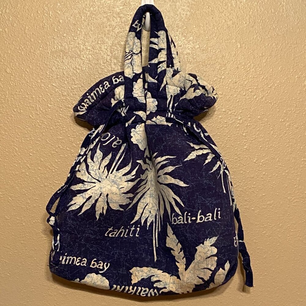 Vintage Travel Beach Tote Bag Drawstring Closure Blue/White Floral Large Size - Picture 5 of 7